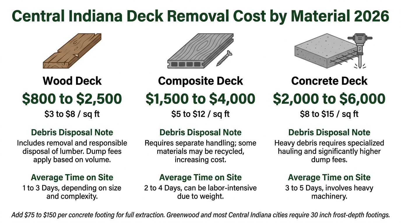Infographic comparing central Indiana deck removal cost by material in 2026 for wood, composite, and concrete decks with per-square-foot pricing ranges.