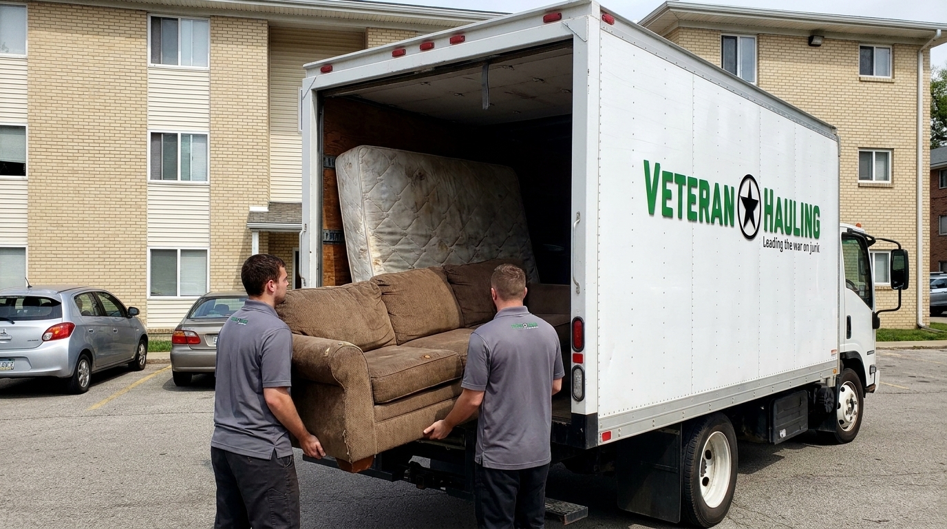 Veteran Hauling crew loading an old couch and mattress from a Bloomington apartment near Indiana University into a branded white box truck.