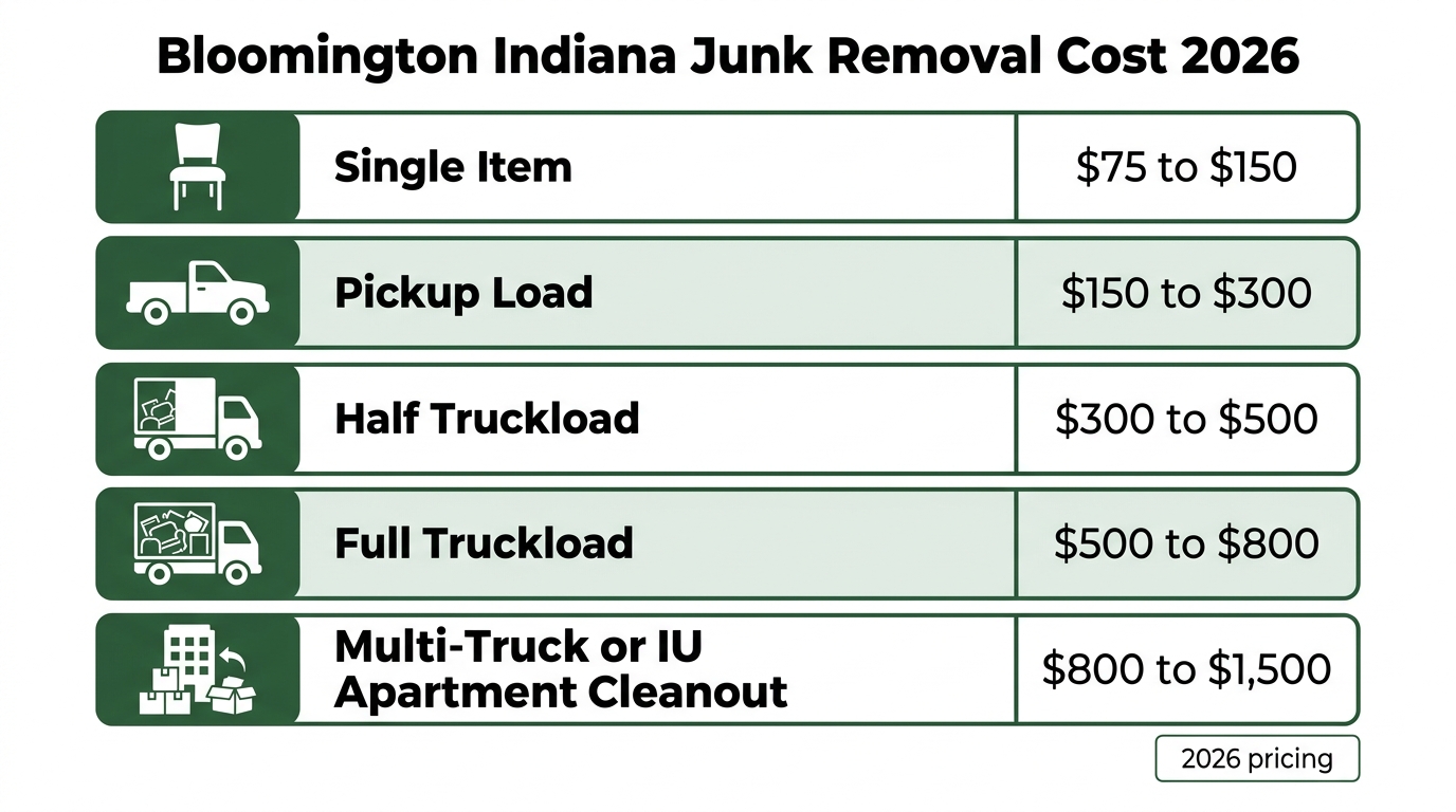 Bloomington Indiana junk removal cost tiers infographic showing single item, pickup load, half truckload, full truckload, and multi-truck IU apartment cleanout pricing ranges for 2026.