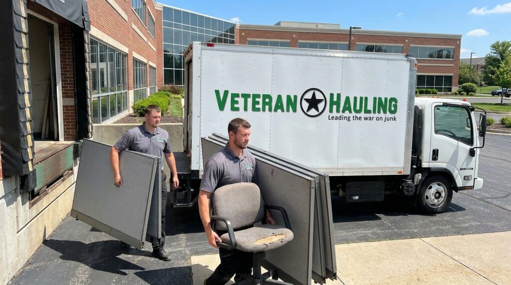 Veteran Hauling crew carrying disassembled office cubicle panels and a conference chair out of an Indianapolis office building loading=