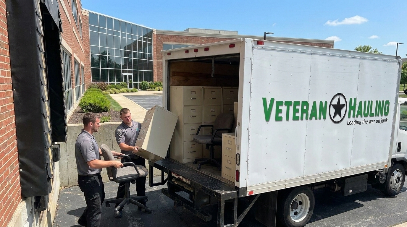 Veteran Hauling crew loading file cabinets and rolling office chairs into a white Isuzu box truck at an Indianapolis office building loading dock during an office furniture removal job.