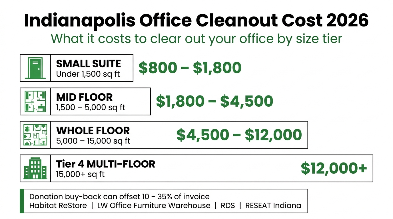 Indianapolis office cleanout cost tiers infographic showing 2026 pricing by square footage with donation buy-back offset.