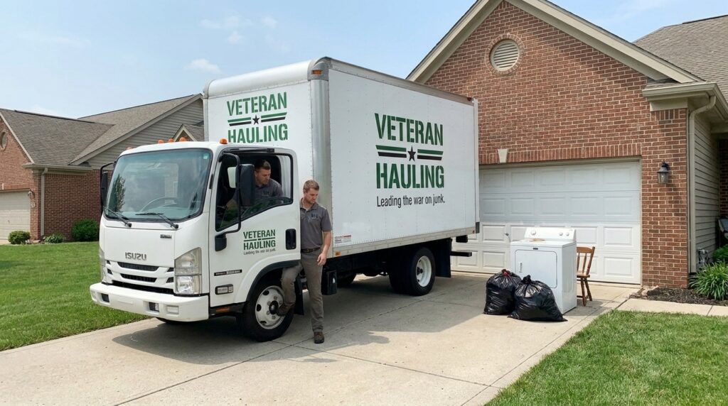 Veteran Hauling white Isuzu box truck pulling into an Indianapolis suburban driveway with crew stepping out to assess a pile of junk by the garage door for same-day pickup.