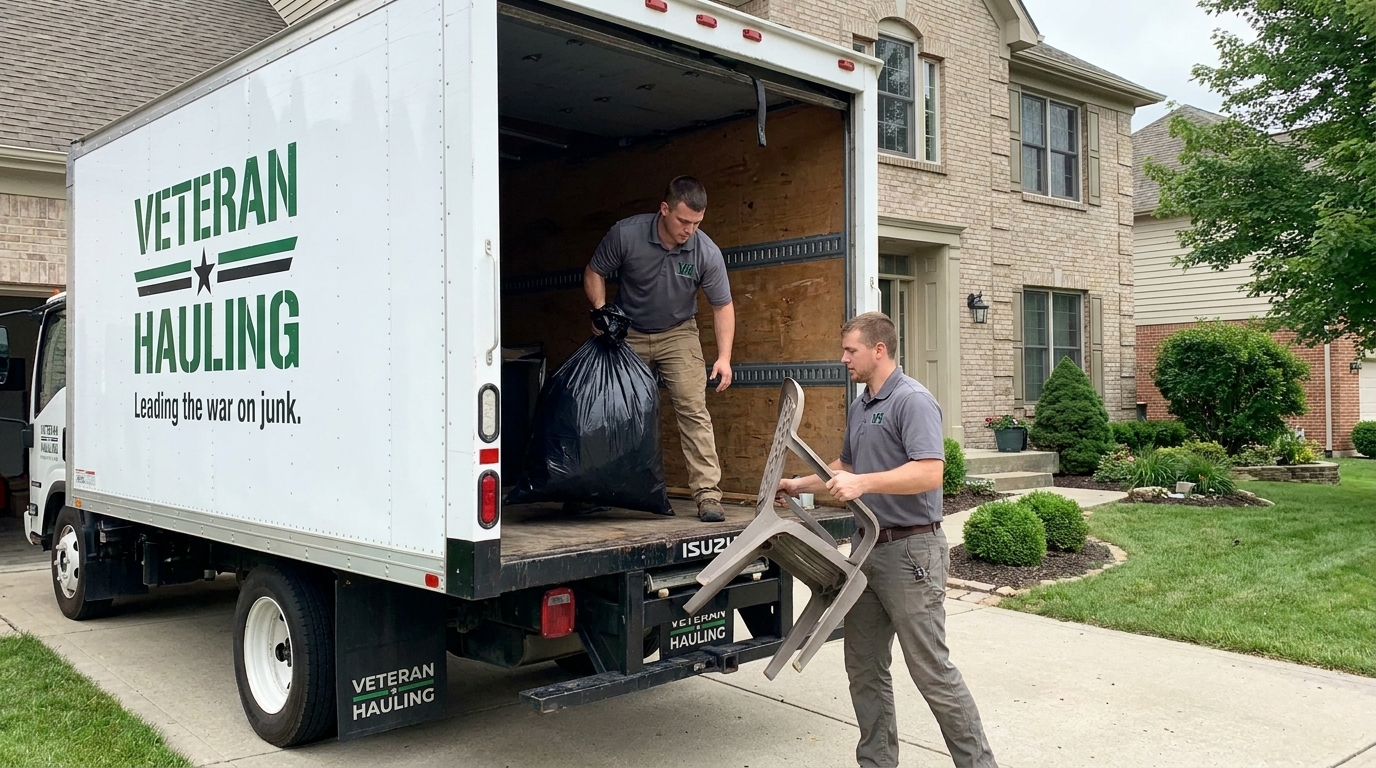 Veteran Hauling crew loading bagged junk and a broken patio chair into a white Isuzu box truck in front of a Carmel-style Indianapolis suburban home.