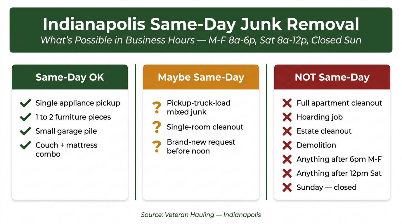 Infographic comparing Indianapolis same-day junk removal job feasibility across three columns: same-day OK, maybe same-day, and not same-day.