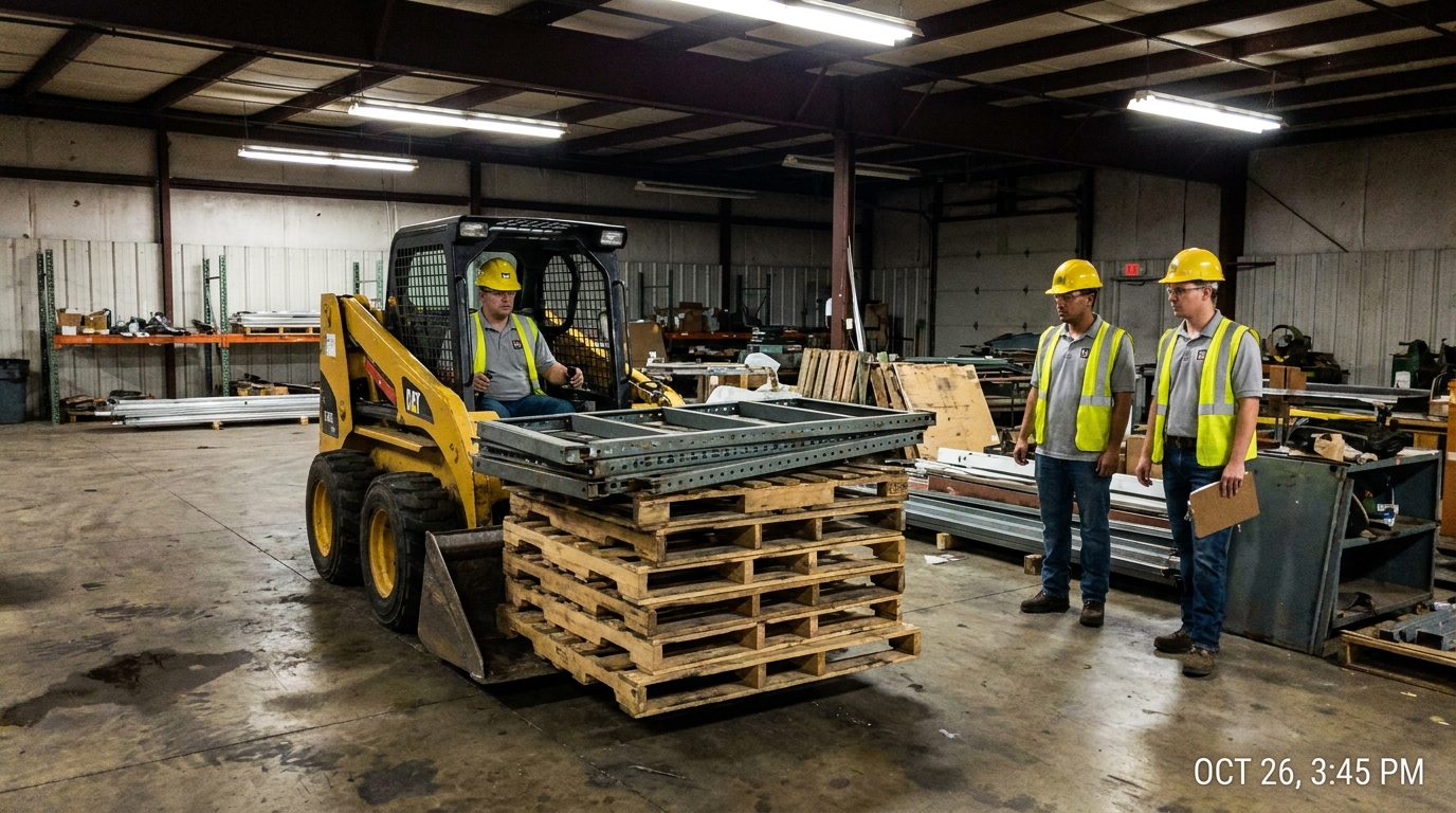 Veteran Hauling crew operating a skid-steer to move wood pallets and warehouse shelving inside a central Indiana warehouse.