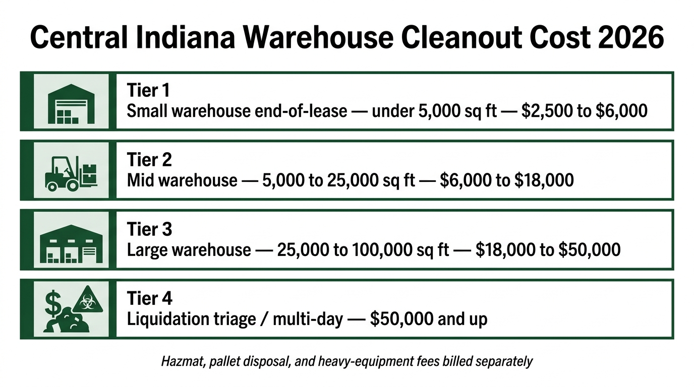 Central Indiana warehouse cleanout cost tiers infographic comparing 2026 pricing for small, mid, large, and liquidation-tier warehouse cleanouts.
