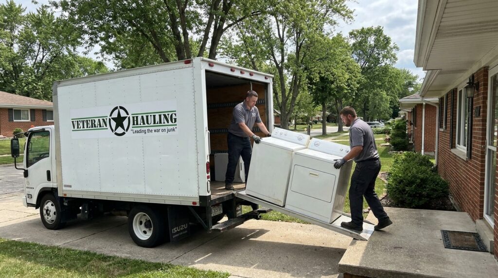 Veteran Hauling crew carrying an old top-load washing machine and matching dryer down a porch ramp to the white Isuzu box truck at an Indianapolis suburban brick ranch home.