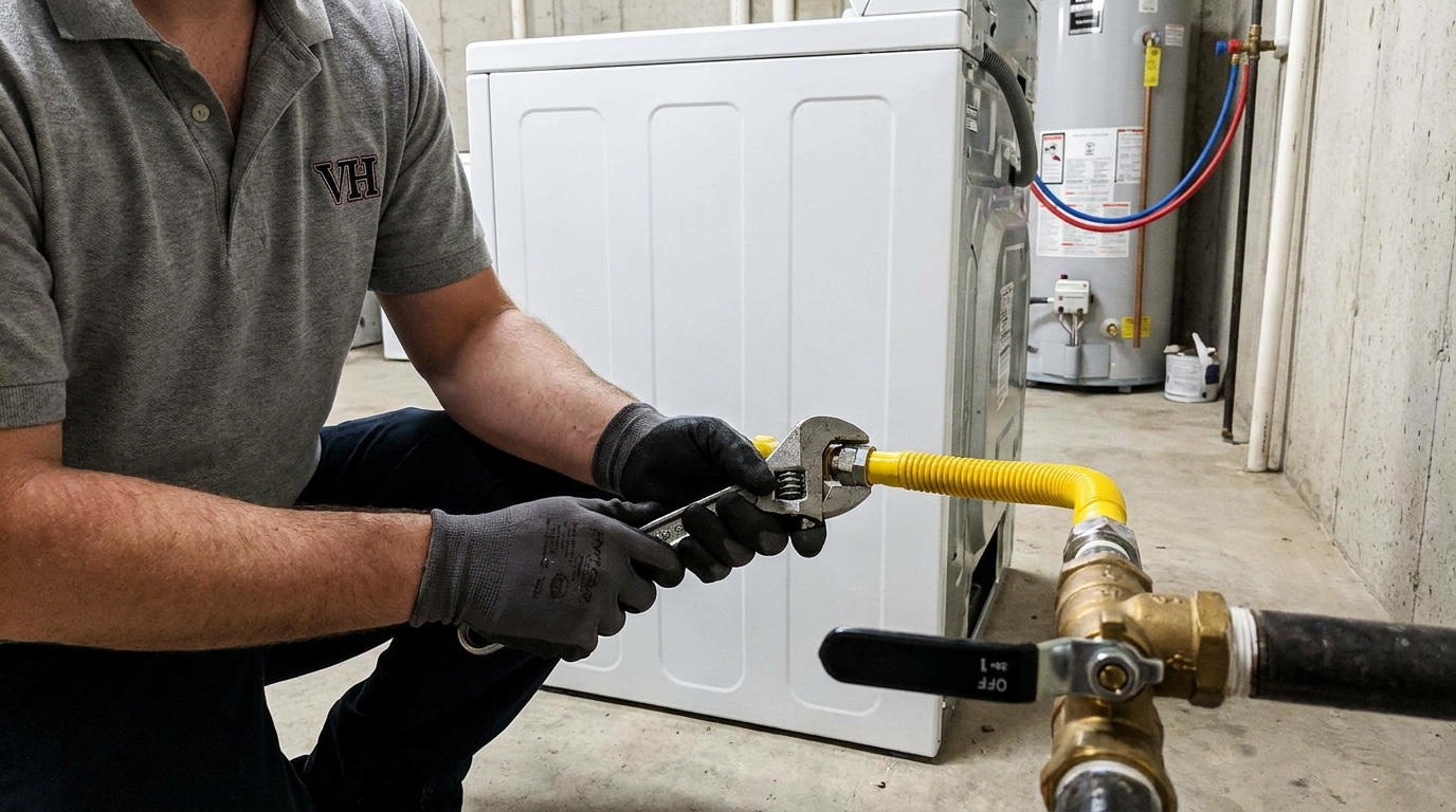 Veteran Hauling crew member in plain gray polo and work gloves carefully disconnecting a gas dryer flexible gas-line connector behind the dryer in an Indianapolis basement laundry area, with the gas shutoff valve being turned off first