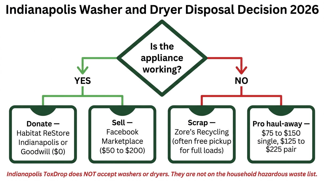 Indianapolis washer and dryer disposal decision flowchart for 2026: working units to Habitat ReStore or Facebook Marketplace; non-working units to Zore's Recycling or professional haul-away $75 to $225; footnote that Indianapolis ToxDrop does not accept washers or dryers
