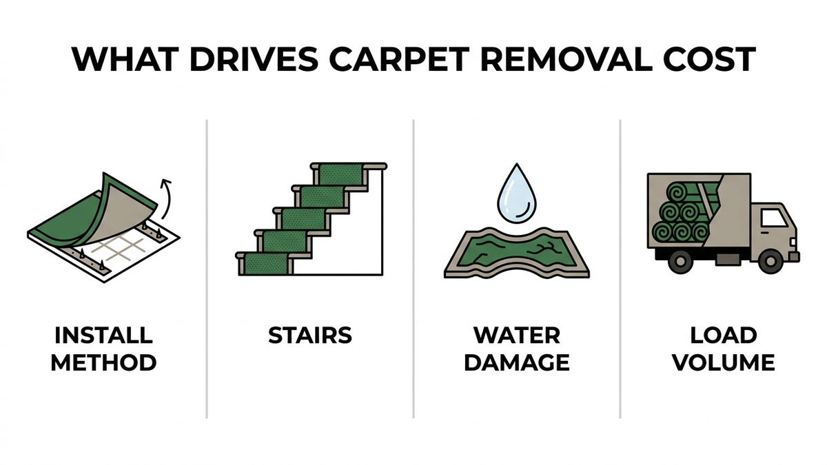 Infographic titled What Drives Carpet Removal Cost showing four factors side by side: install method, stairs, water damage and load volume