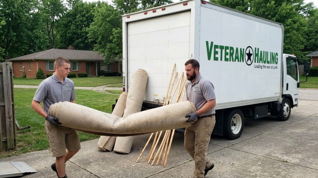 Two Veteran Hauling crew members in grey polo shirts loading=
