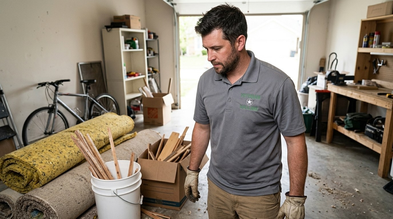 Rolled carpet, folded bundles of mustard-yellow carpet padding and a bucket of pulled-up tack strips stacked in an Indianapolis garage after a homeowner tore the carpet out themselves, with a crew member sizing up the load