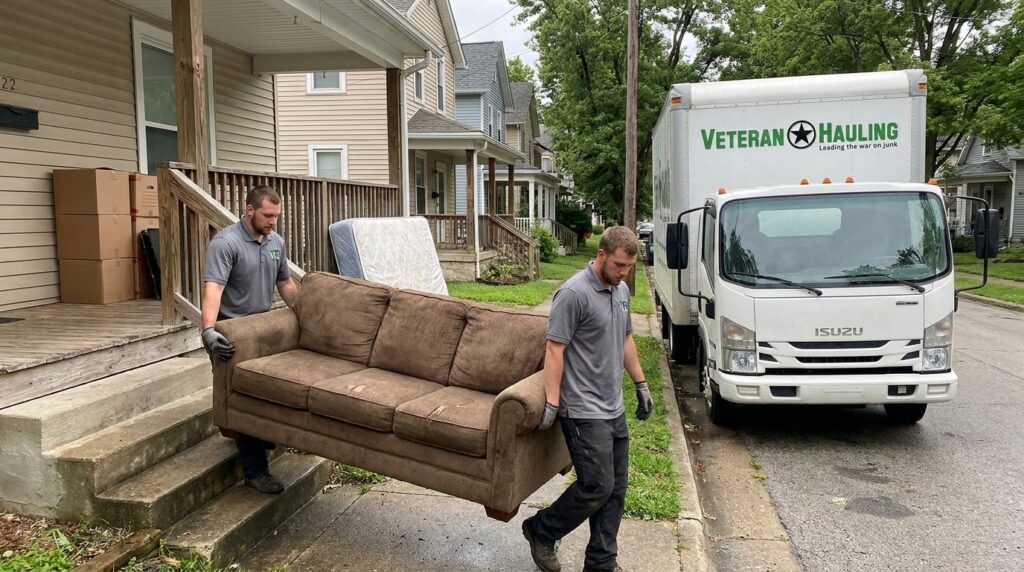 Two Veteran Hauling crew members carrying an old couch down the porch steps of a Bloomington rental toward a white box truck, with moving boxes and a bare mattress on the porch
