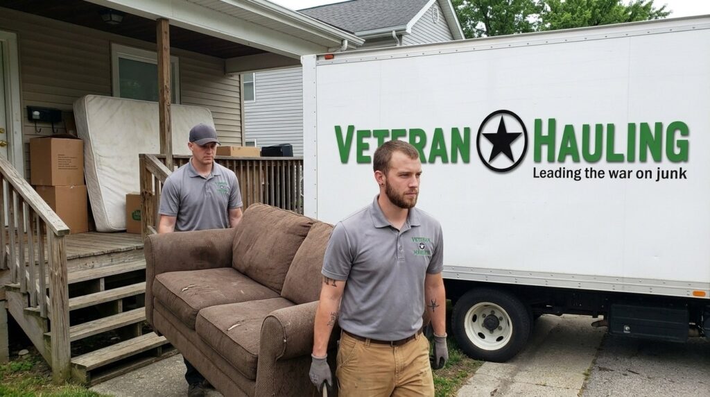 Two Veteran Hauling crew members carrying an old couch down the porch steps of a Bloomington rental toward a white box truck, with moving boxes and a bare mattress on the porch