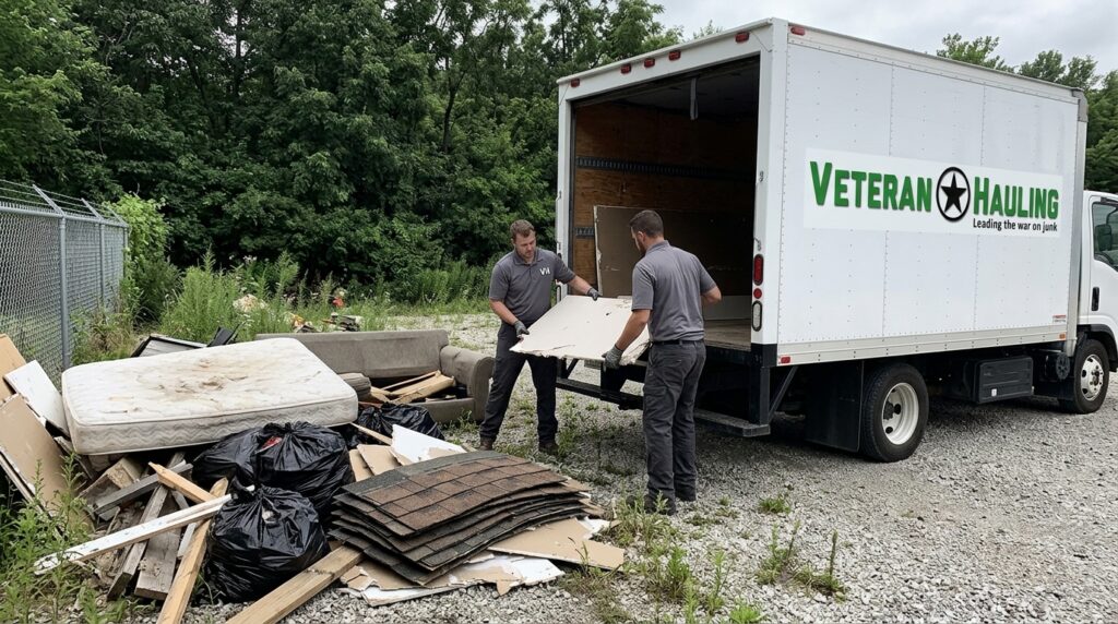 Two Veteran Hauling crew members loading=