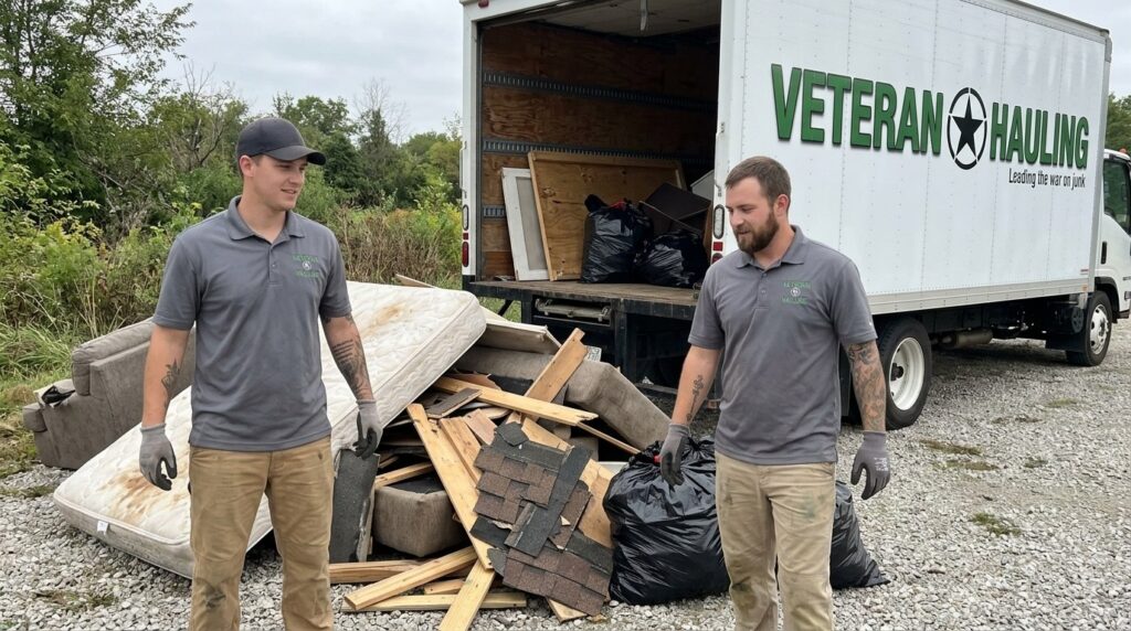Two Veteran Hauling crew members loading=