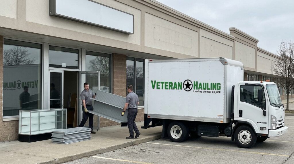 Two Veteran Hauling crew members carrying a dismantled section of gondola shelving out of a closed strip center storefront toward a white box truck, with a glass display case and stacked shelf boards on the sidewalk