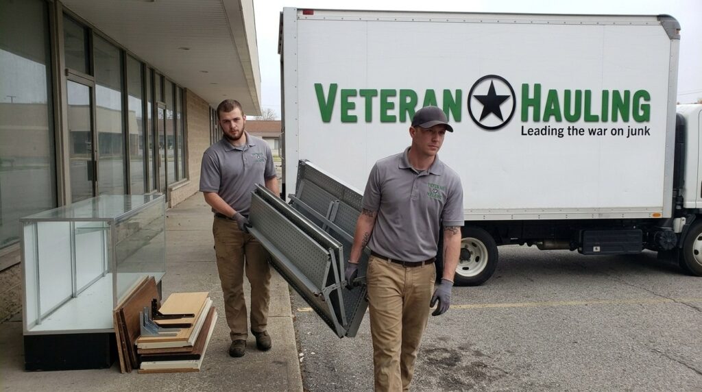 Two Veteran Hauling crew members carrying a dismantled section of gondola shelving out of a closed strip center storefront toward a white box truck, with a glass display case and stacked shelf boards on the sidewalk