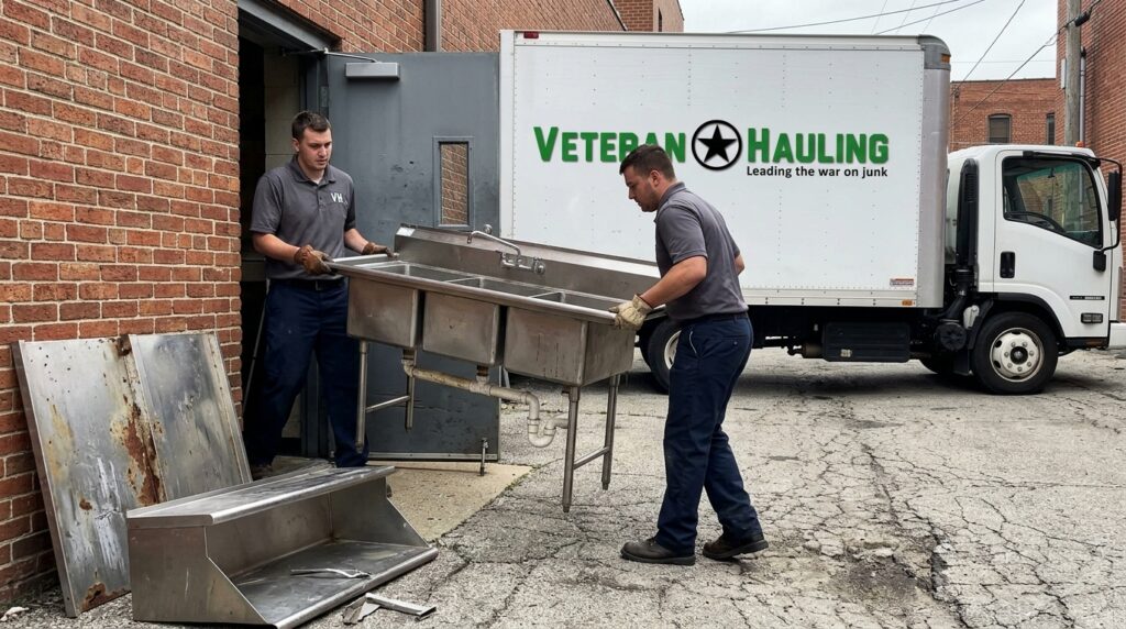 Two Veteran Hauling crew members carrying a stainless three compartment commercial sink with cut supply lines and drain pipe still attached out of a closed Indianapolis restaurant toward a white box truck