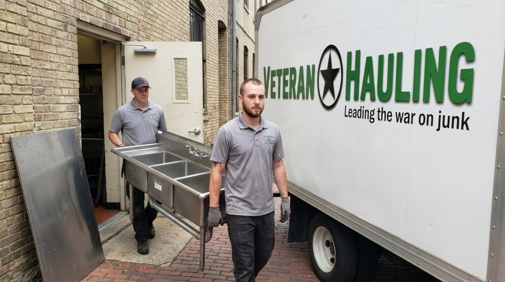Two Veteran Hauling crew members carrying a stainless three compartment commercial sink with cut supply lines and drain pipe still attached out of a closed Indianapolis restaurant toward a white box truck