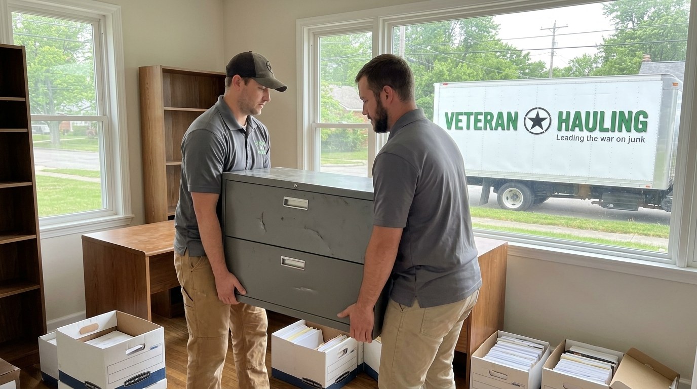 Two Veteran Hauling crew members carrying an empty two drawer filing cabinet out of an emptied Indianapolis home office with a bare desk and stripped bookcase