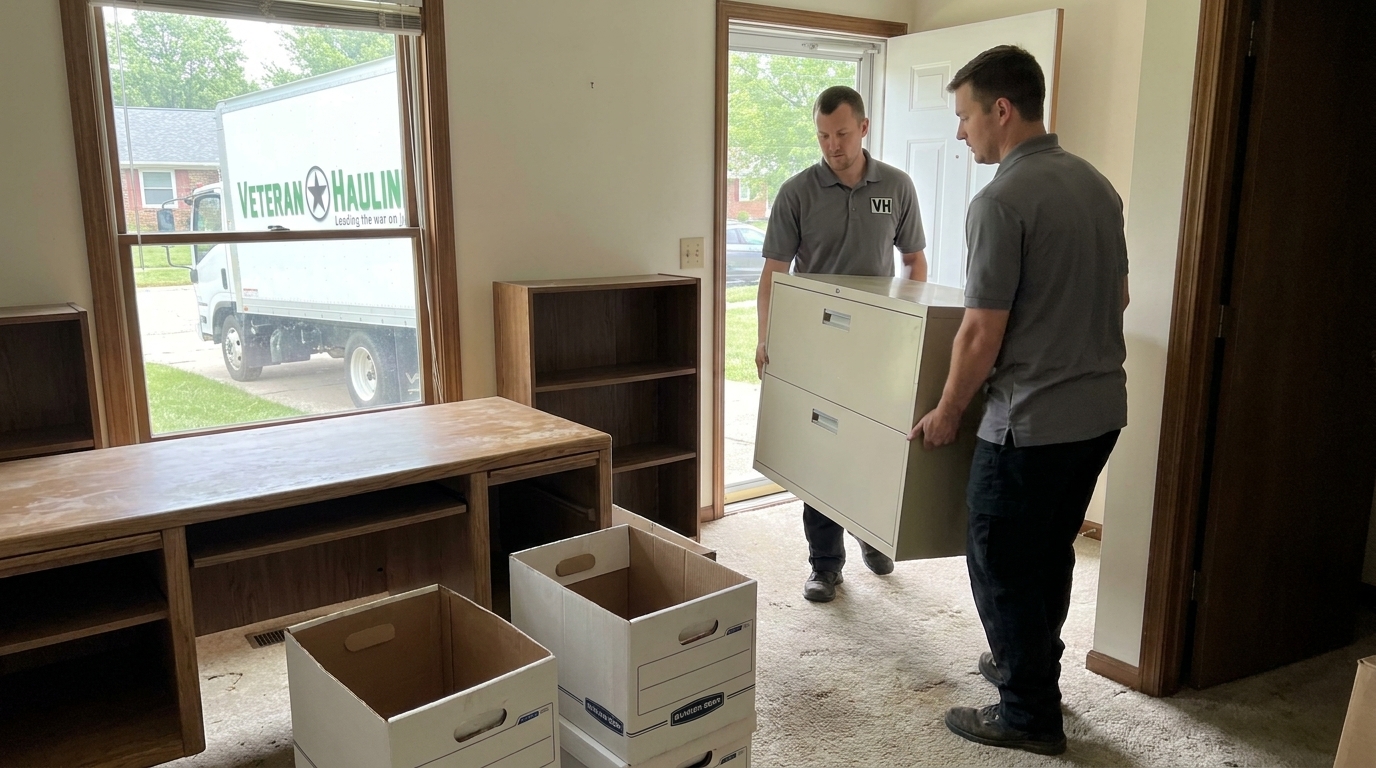 Two Veteran Hauling crew members carrying an empty two drawer filing cabinet out of an emptied Indianapolis home office with a bare desk and stripped bookcase