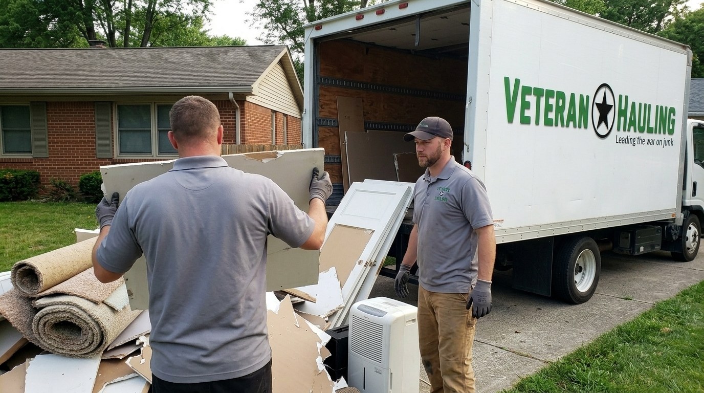 A Veteran Hauling crew member sliding a rolled section of old carpet into a white box truck already loaded with broken drywall, an interior door and a dehumidifier