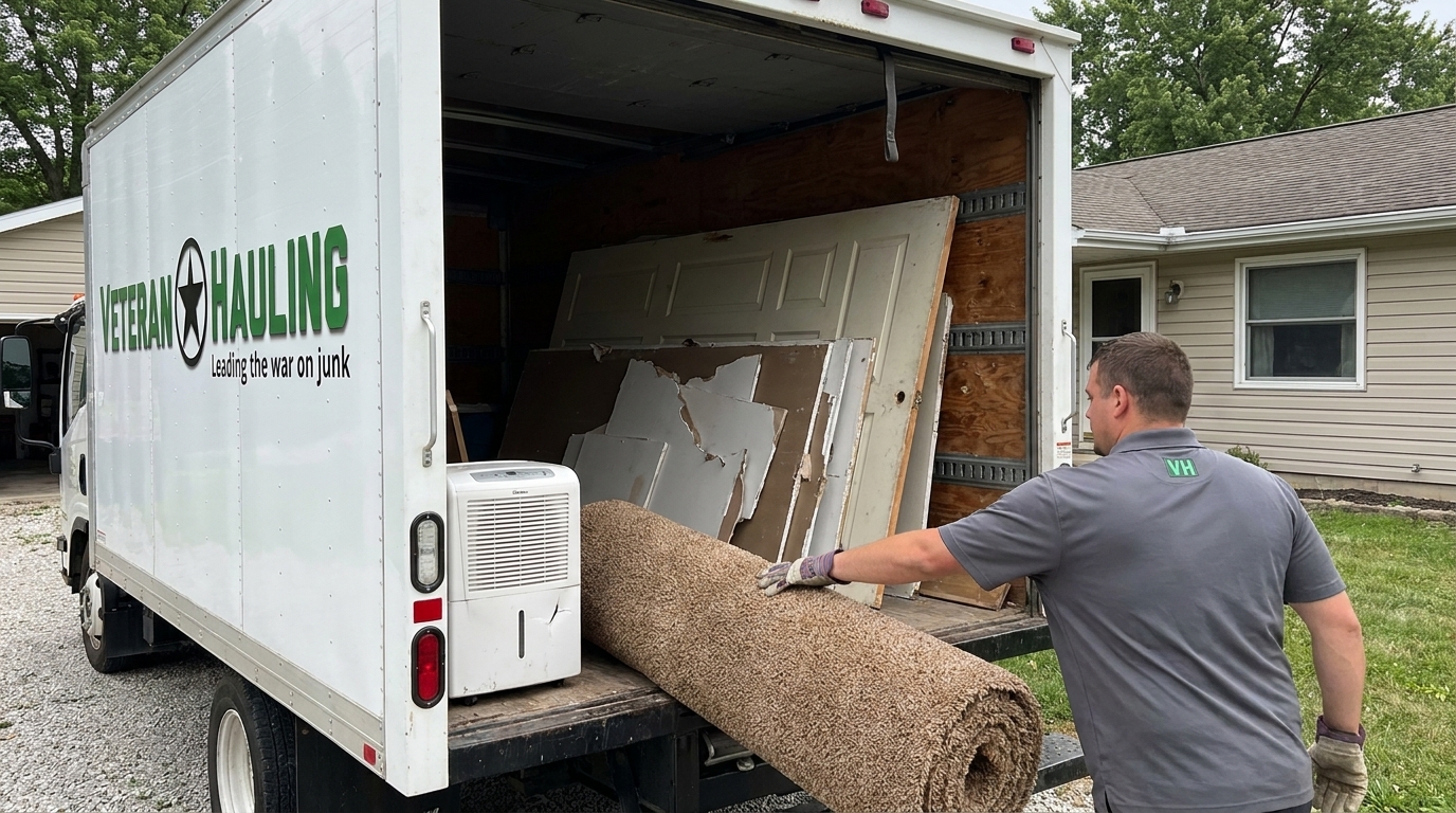 A Veteran Hauling crew member sliding a rolled section of old carpet into a white box truck already loaded with broken drywall, an interior door and a dehumidifier