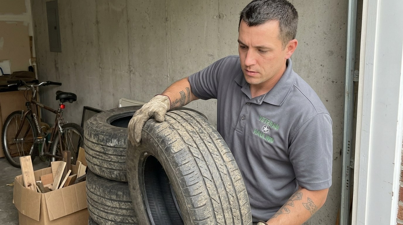 A dusty cobwebbed stack of worn car tires in the corner of an Indiana garage beside an old bicycle and a box of scrap wood, with a crew member in a gray polo lifting the top tire