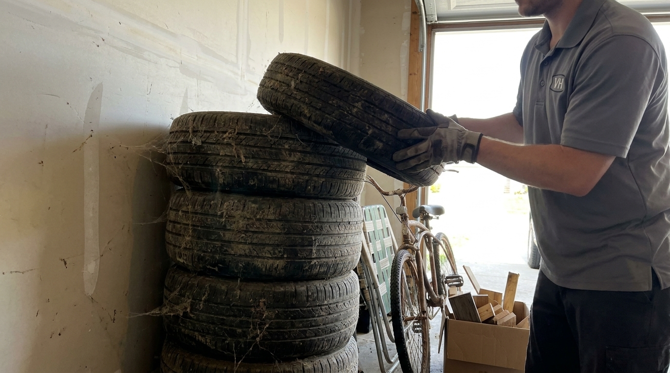 A dusty cobwebbed stack of worn car tires in the corner of an Indiana garage beside an old bicycle and a box of scrap wood, with a crew member in a gray polo lifting the top tire