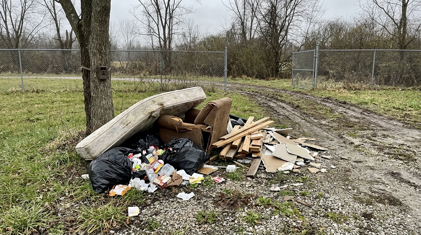 An untouched illegally dumped pile at a rural property boundary with a stained mattress, a broken armchair, split black trash bags, scrap lumber and broken drywall on gravel, tire tracks leading away and a game camera strapped to a tree