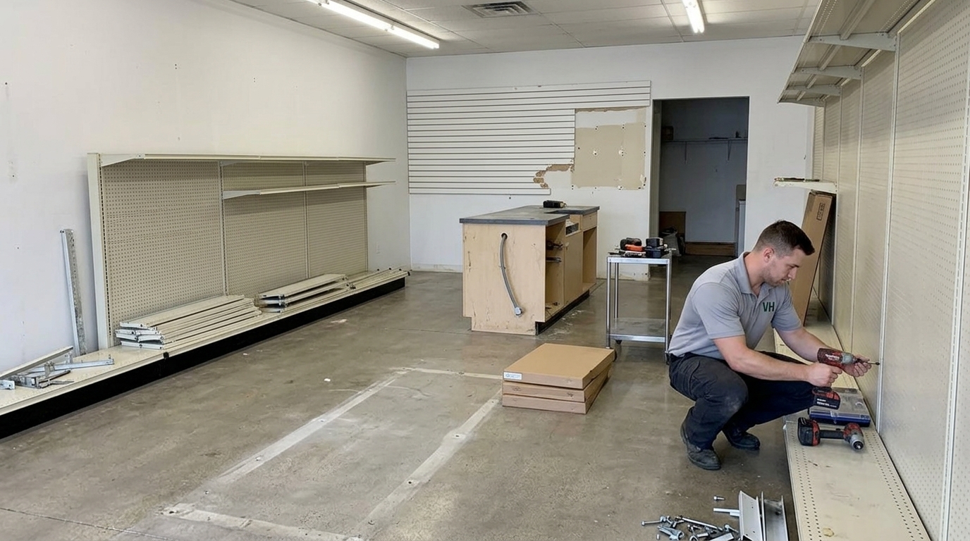 Inside a stripped retail store with gondola runs partly dismantled and shelf boards stacked flat, slatwall partly pulled off the back wall exposing torn drywall, a built in checkout counter with a cut conduit stub, and a crew member crouched unbolting an upright with a cordless driver