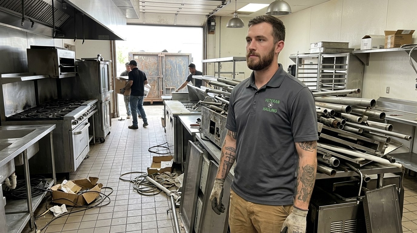 A stripped commercial kitchen with the welded stainless exhaust hood and its rectangular grease duct still in place, walk in cooler panels and door at the back, capped gas stub outs on the tile floor, and a crew member in a gray polo looking up at the hood
