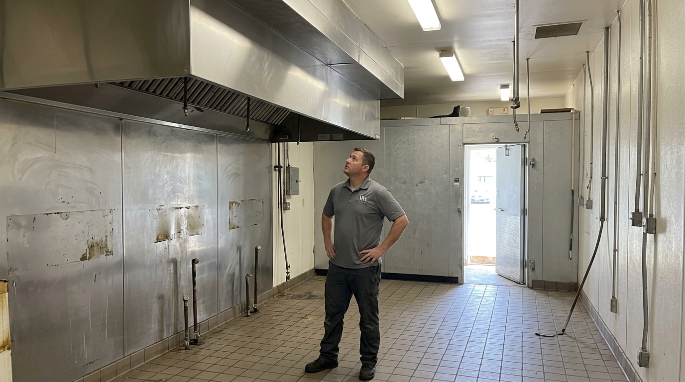 A stripped commercial kitchen with the welded stainless exhaust hood and its rectangular grease duct still in place, walk in cooler panels and door at the back, capped gas stub outs on the tile floor, and a crew member in a gray polo looking up at the hood