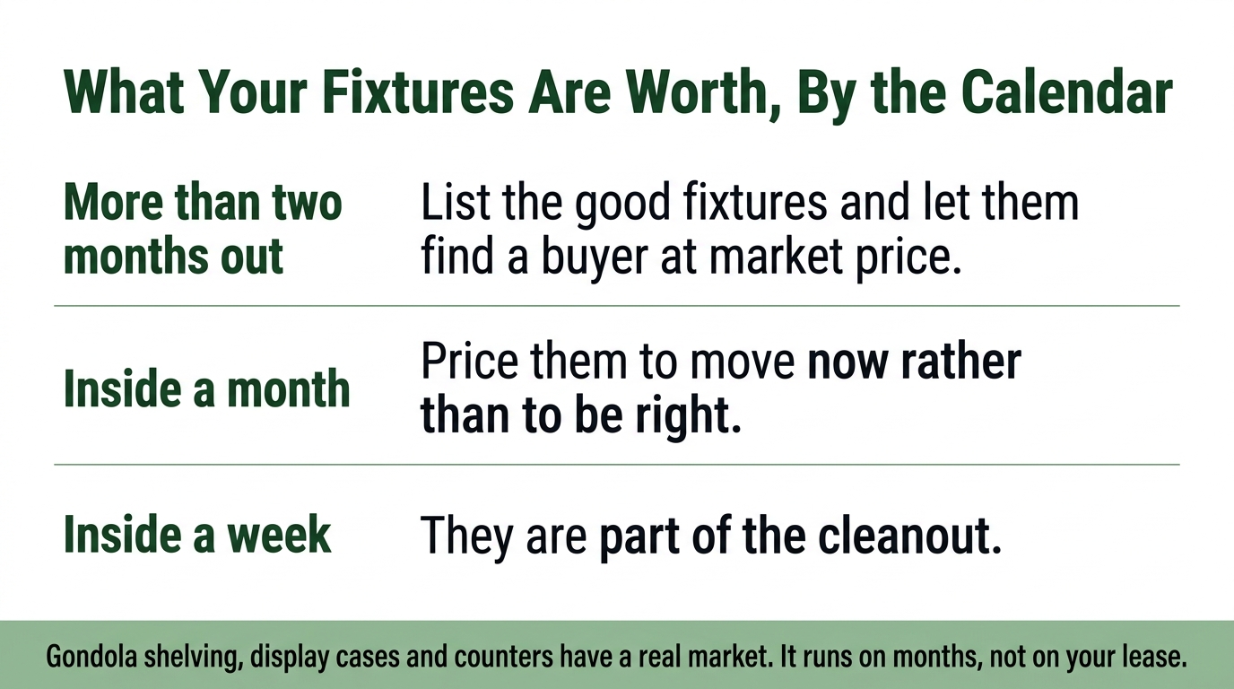 Infographic showing what closing store fixtures are worth against the lease calendar, with three time bands from more than two months out to inside a week
