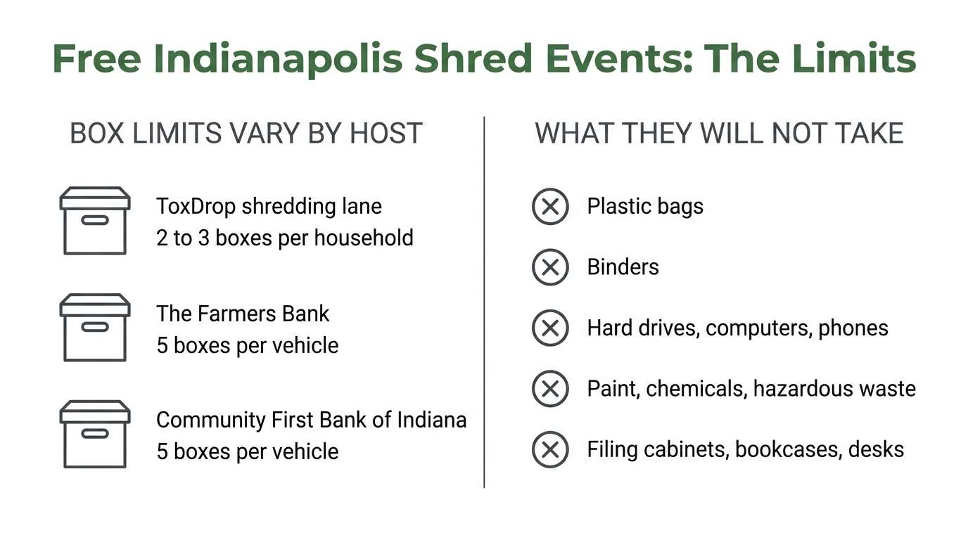Infographic showing box limits at Indianapolis free shred events by host and a list of five items the events will not take