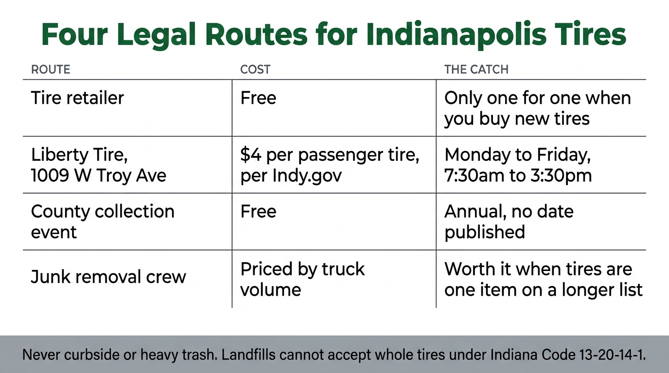 Table infographic comparing four legal routes for Indianapolis tire disposal by route, cost and catch, with a footer noting landfills cannot accept whole tires