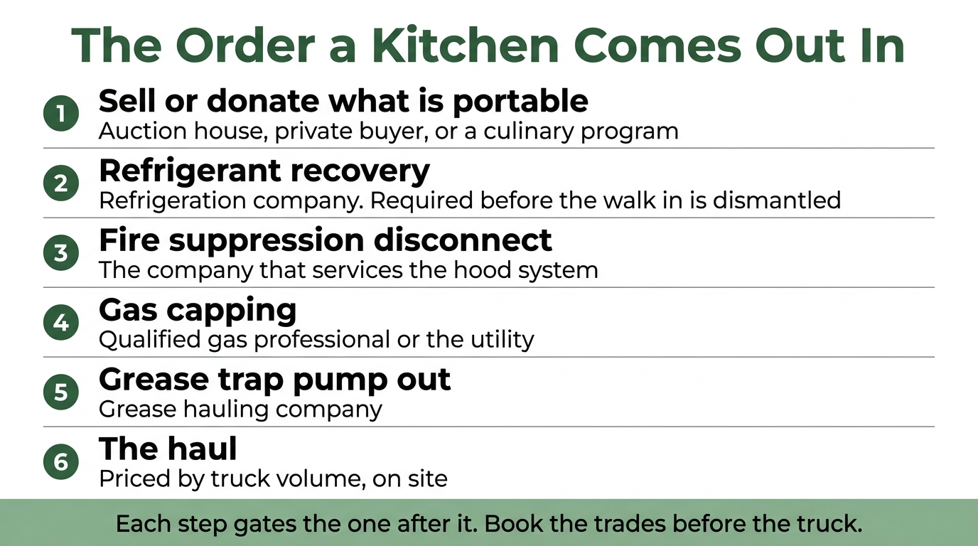 Numbered infographic showing the six step order a restaurant kitchen comes out in, from selling portable equipment through refrigerant recovery, fire suppression, gas capping and grease trap pump out to the haul