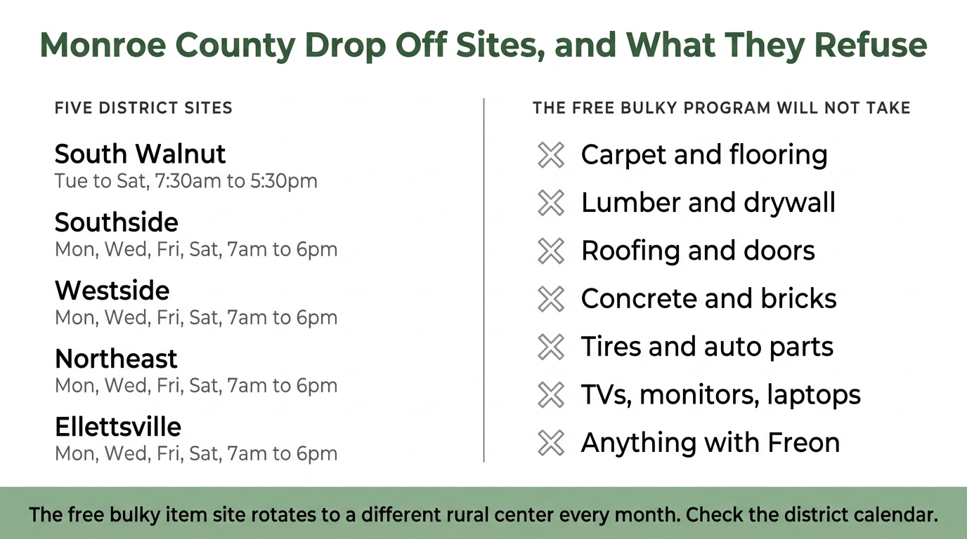 Infographic listing the five Monroe County district drop off sites with their hours beside seven categories the free bulky item program will not take