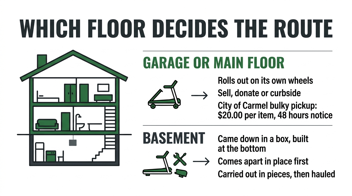 Infographic routing a Carmel treadmill by the floor it sits on, showing the curbside bulky pickup route for a garage or main floor machine and the disassembly and carry route for a basement machine
