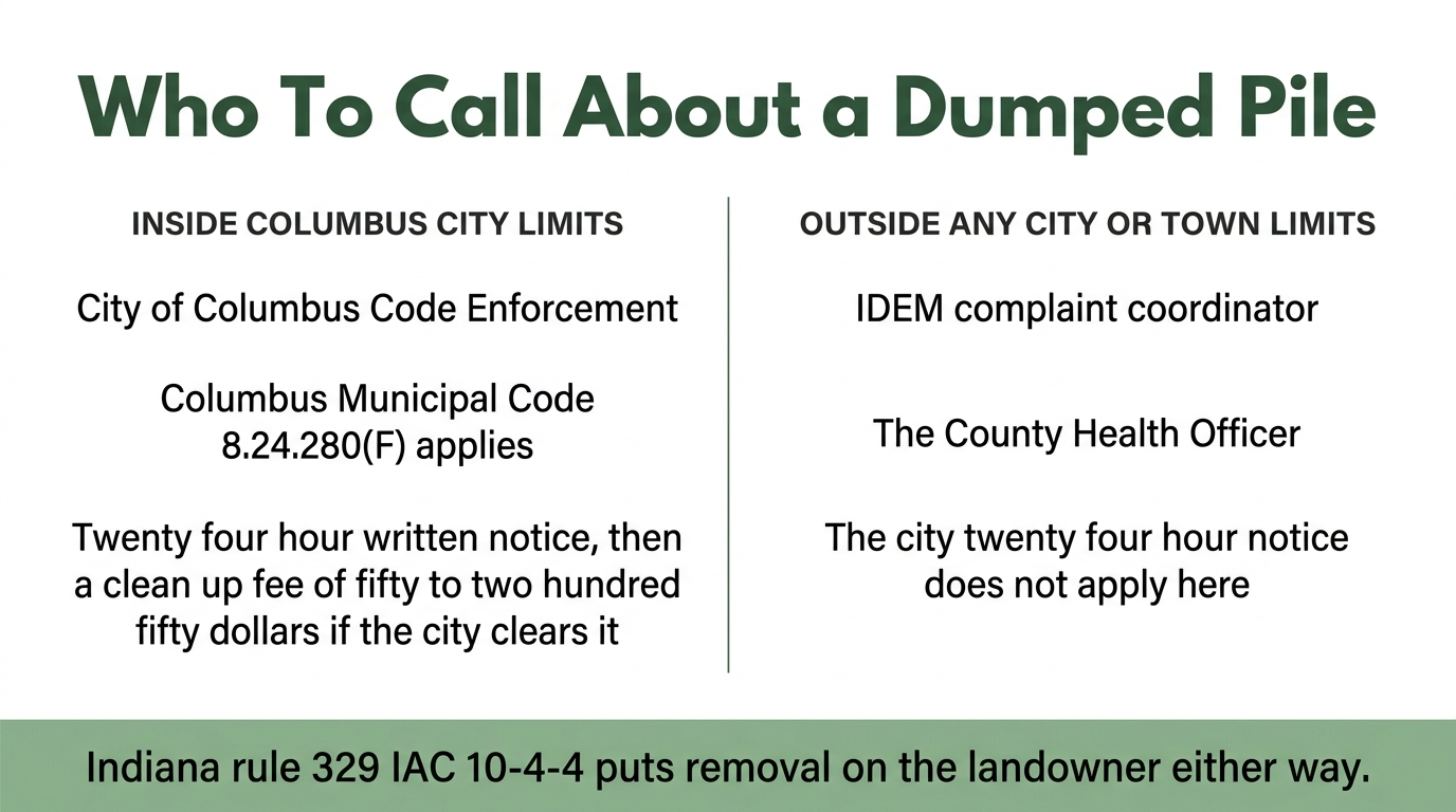 Infographic comparing who to call about a dumped pile inside Columbus city limits versus outside any city or town limits, noting the Indiana rule that puts removal on the landowner either way