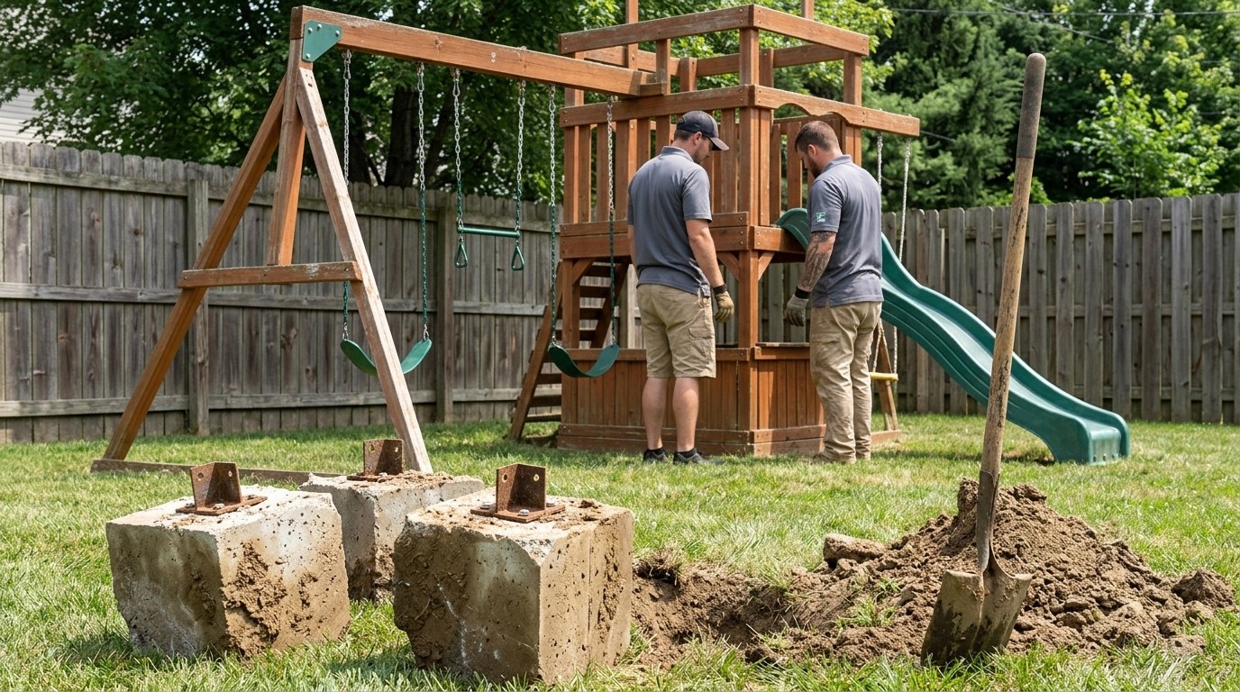 A weathered wooden backyard playset midway through teardown, the fort and its A-frame swing bay still standing with chains and one green swing seat hanging from the crossbeam and the plastic slide still in place, two crew members in dark charcoal polos with one crouching to unbolt a corner post and the other steadying a long removed board, two unbolted swing seats and their chains lying across a low frame board on the grass, a bucket of hardware and a cordless drill beside them, and three dug out concrete footings with rusted anchor brackets still bolted into them next to an open hole, piled dirt and a spade