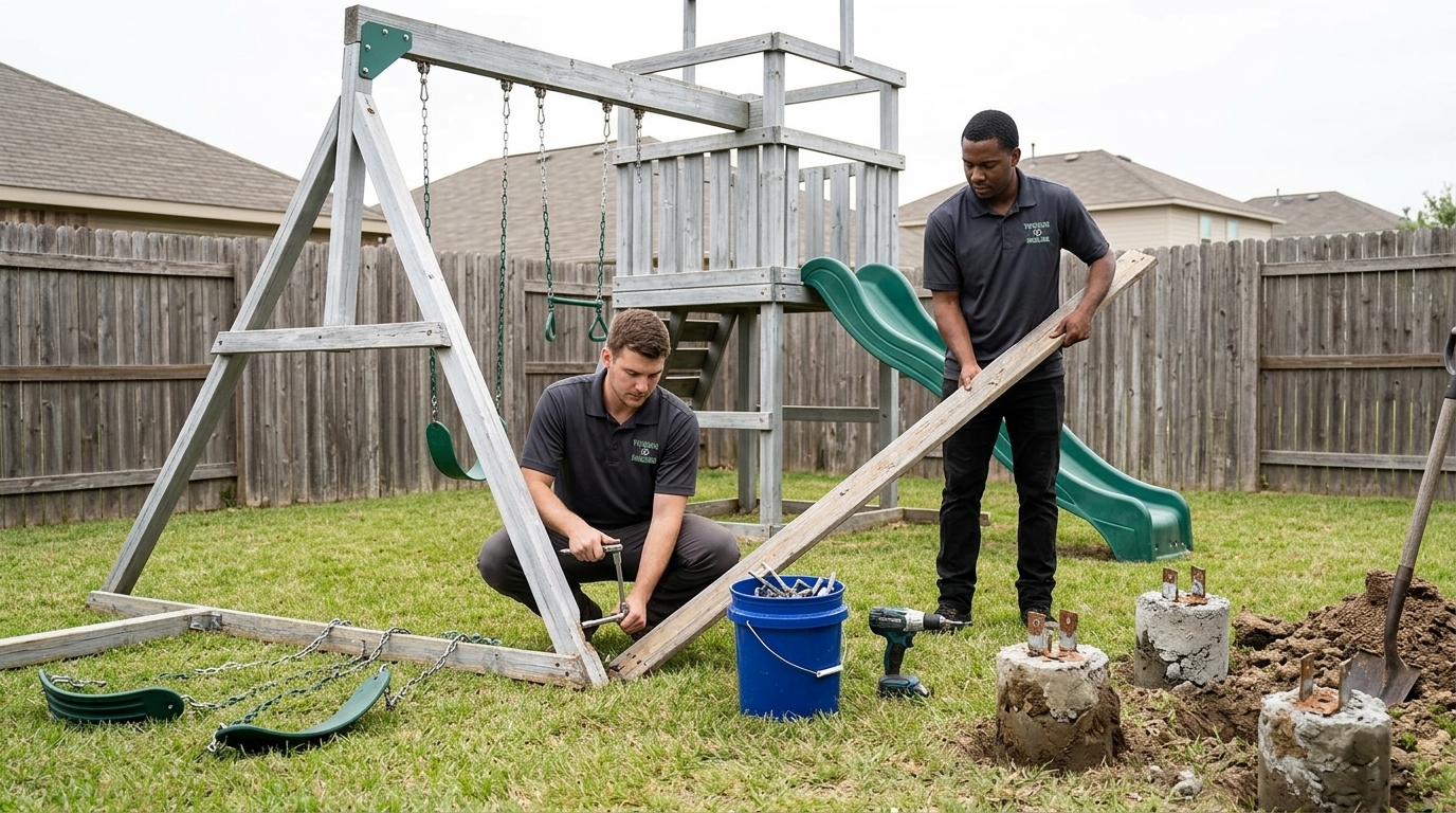 A weathered wooden backyard playset midway through teardown, the fort and its A-frame swing bay still standing with chains and one green swing seat hanging from the crossbeam and the plastic slide still in place, two crew members in dark charcoal polos with one crouching to unbolt a corner post and the other steadying a long removed board, two unbolted swing seats and their chains lying across a low frame board on the grass, a bucket of hardware and a cordless drill beside them, and three dug out concrete footings with rusted anchor brackets still bolted into them next to an open hole, piled dirt and a spade