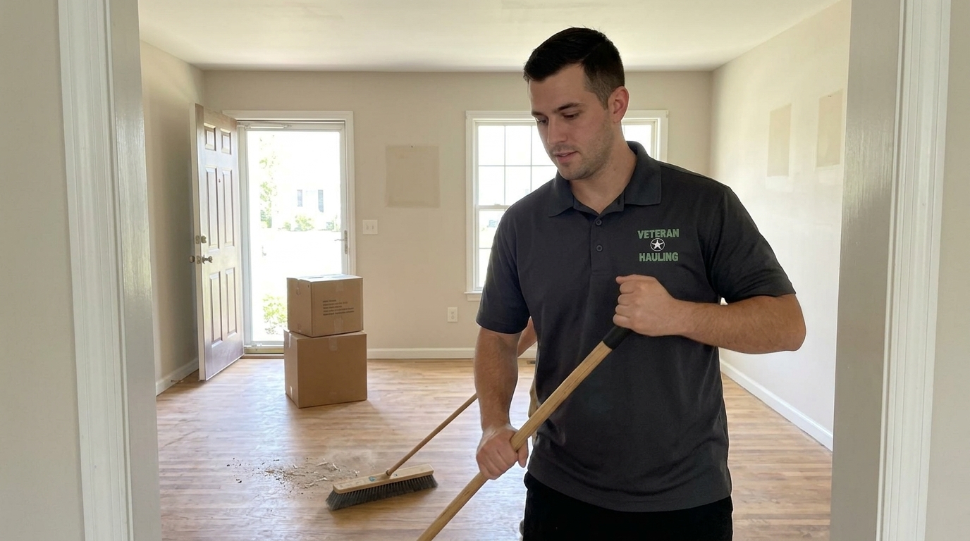 The emptied living room of a Columbus Indiana home with bare wood floor and empty walls showing faint rectangular marks where pictures used to hang, a crew member in a dark charcoal polo sweeping the bare floor toward a small pile of dust, and a last stack of two sealed moving boxes waiting by the open front door