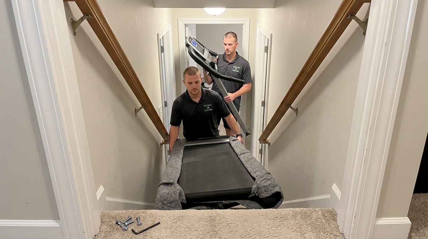 Two crew members in dark charcoal polos carrying a treadmill up a narrow finished basement staircase in two separate pieces, the running deck wrapped in a moving blanket and carried on edge by the lower crew member while the upper one carries the bare console mast, with loose bolts and a hex key on a stair tread and a small landing and doorways at the top