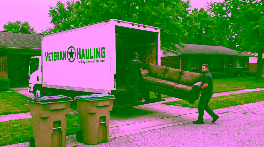 Two crew members in matching dark gray polos load a brown sofa into the open back of a white box truck marked Veteran Hauling, one stepping up onto the rear bumper while the other carries the far end toward the truck, as two tan toters, one with a black lid and one with a green lid, stand untouched at the curb.