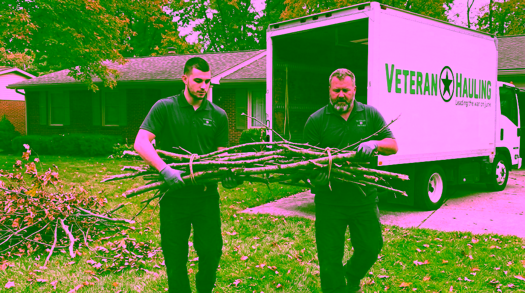 Two crew members in dark gray polos and work gloves carry one rope-tied bundle of cut tree limbs between them across a lawn with fallen leaves, next to a pile of cut branches, with a white Veteran Hauling box truck open at the rear in the driveway and a red brick ranch house behind