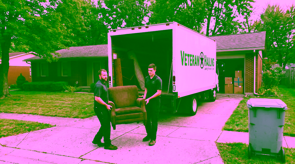 Two crew members in matching dark gray polos carry a brown armchair on the driveway of a brick ranch house, beside a white Veteran Hauling box truck holding a bookcase and a rolled rug, with a gray trash cart at the curb.