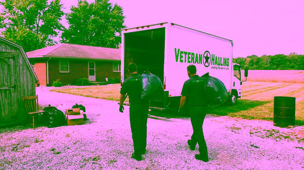 Two crew members in charcoal polos carry black trash bags across a gravel driveway toward the open back of a white Veteran Hauling box truck at a brick ranch house, with bagged trash, cardboard boxes and a wooden chair by a shed and a rusty steel barrel at the edge of the lawn.